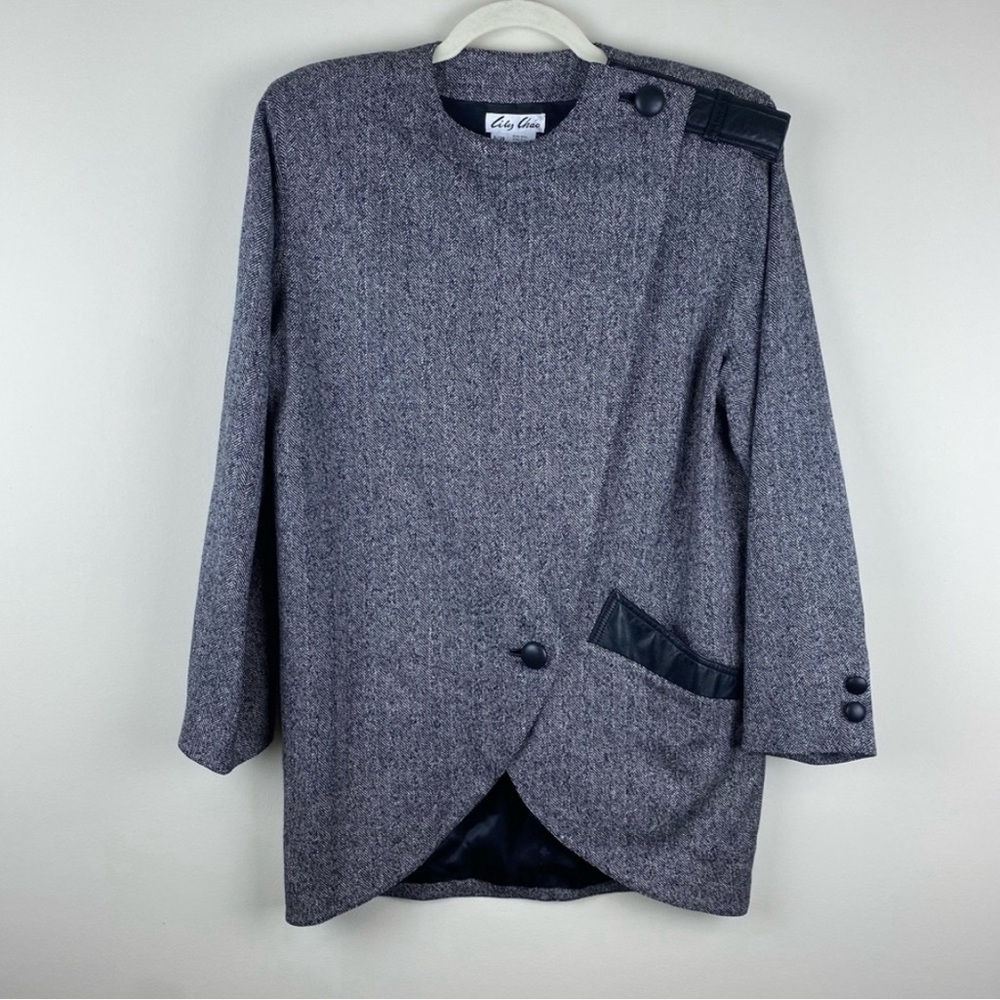 Vintage Lily Chao wool and silk blend asymmetrical  herringbone blazer w.leather